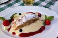 Apple and pear strudel, custard and cream