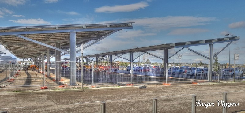 Solar panels being installed over the car parking at E.Leclerc Arles.