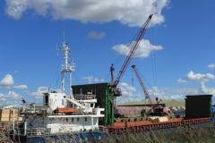 Unloading timber from a Lithunaian ship in Wisbech